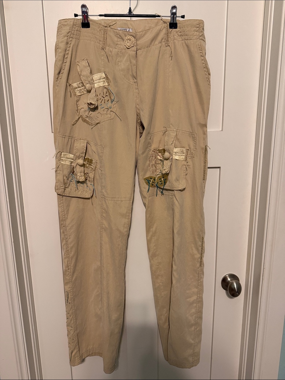 Vintage Y2K STYLE Beige Casual Low Rise Utility Pants with Artsy Accents